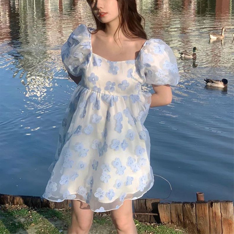 Đầm Công Chúa Tay Phồng Họa Tiết Hoa Nhỏ Xinh Xắn Phong Cách Pháp Thời Trang Cho Nữ