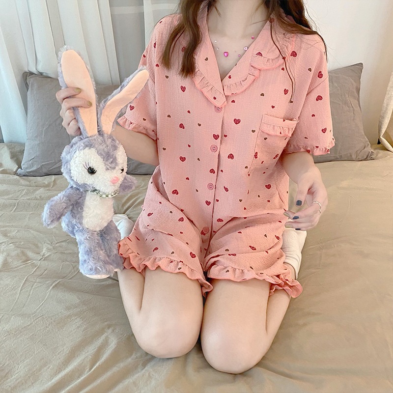 Bộ Đồ Ngủ Tay Ngắn Dáng Rộng Cổ Búp Bê In Hoa Nhỏ Dễ Thương Thời Trang Mùa Hè Cho Nữ