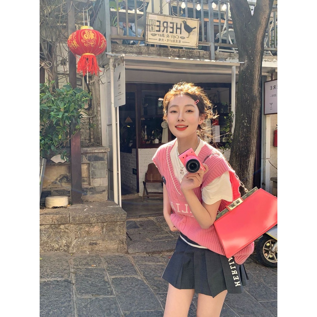 Set Áo Thun Sát Nách + Áo Thun Dệt Kim Màu Hồng Dễ Thương Xinh Xắn Cho Nữ