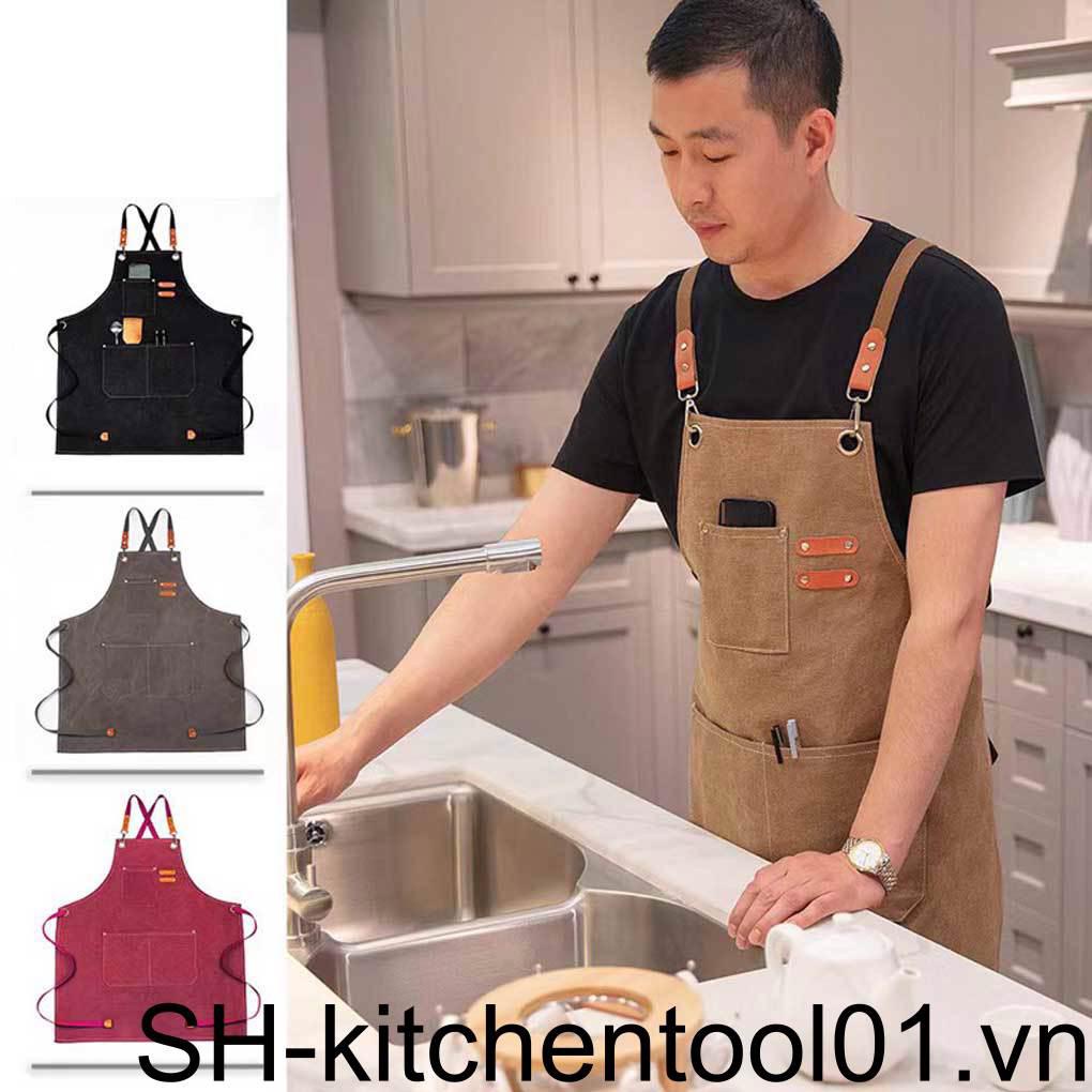 Tạp Dề Vải Bạt Unisex Chống Nước Có Túi Bảo Vệ Khi Nướng BBQ / Làm Vườn /