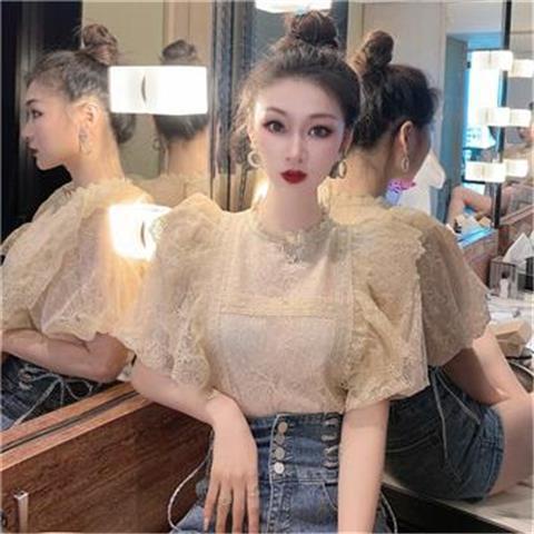 Áo Sơ Mi Chiffon Tay Ngắn Phồng Phối Ren Phong Cách Pháp Thời Trang Mùa Hè Cho Nữ