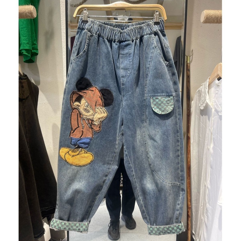 Quần Jean Nữ Lưng Thun Ống Đứng In Họa Tiết Hoạt Hình Phong Cách Retro