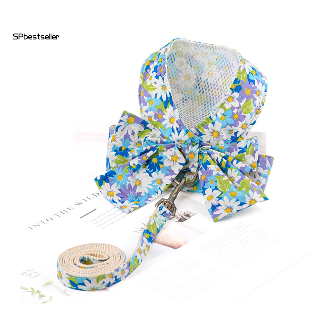 Bộ Áo Sát Nách Và Dây Dắt Thoáng Khí Đính Nơ In Họa Tiết Hoa Kèm Dây Dắt Dành Cho Thú Cưng