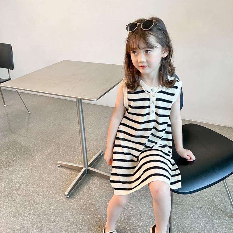 Đầm Kẻ Sọc Phong Cách Hàn Quốc Cho Bé Gái 1-7 Tuổi