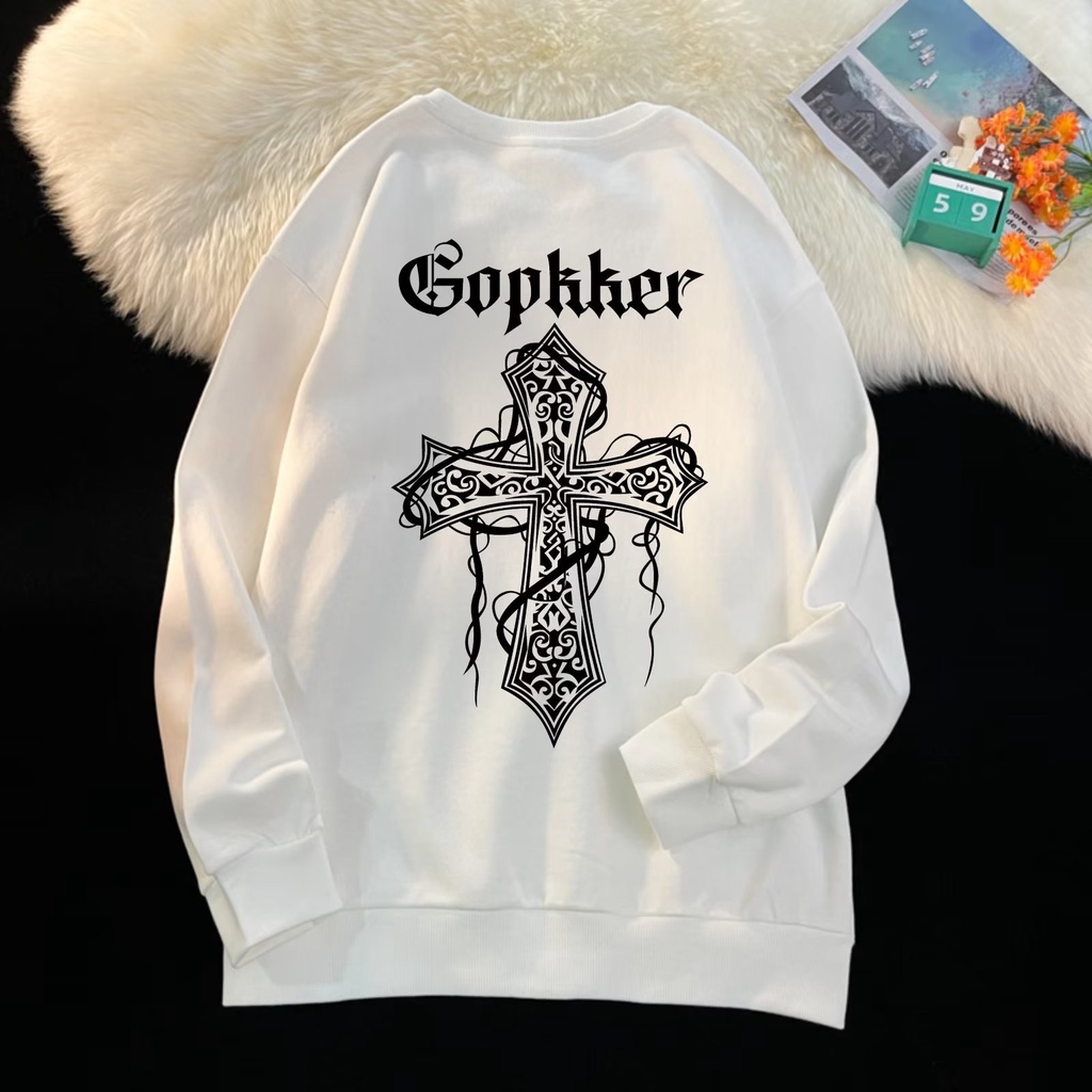 Áo Nỉ Dài Tay Cổ Tròn In Chữ Thập Phong Cách Hip hop Đường Phố Mới Cho Nam