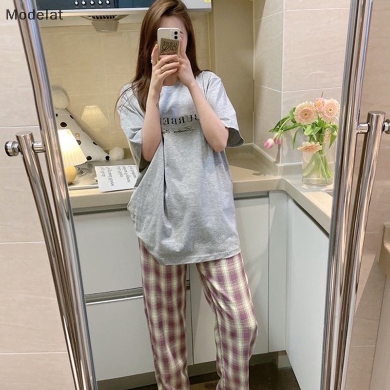 Bộ Đồ Ngủ Áo Hai Dây Phối Quần Dài Sọc Ca Rô Thời Trang Xinh Xắn Cho Nữ