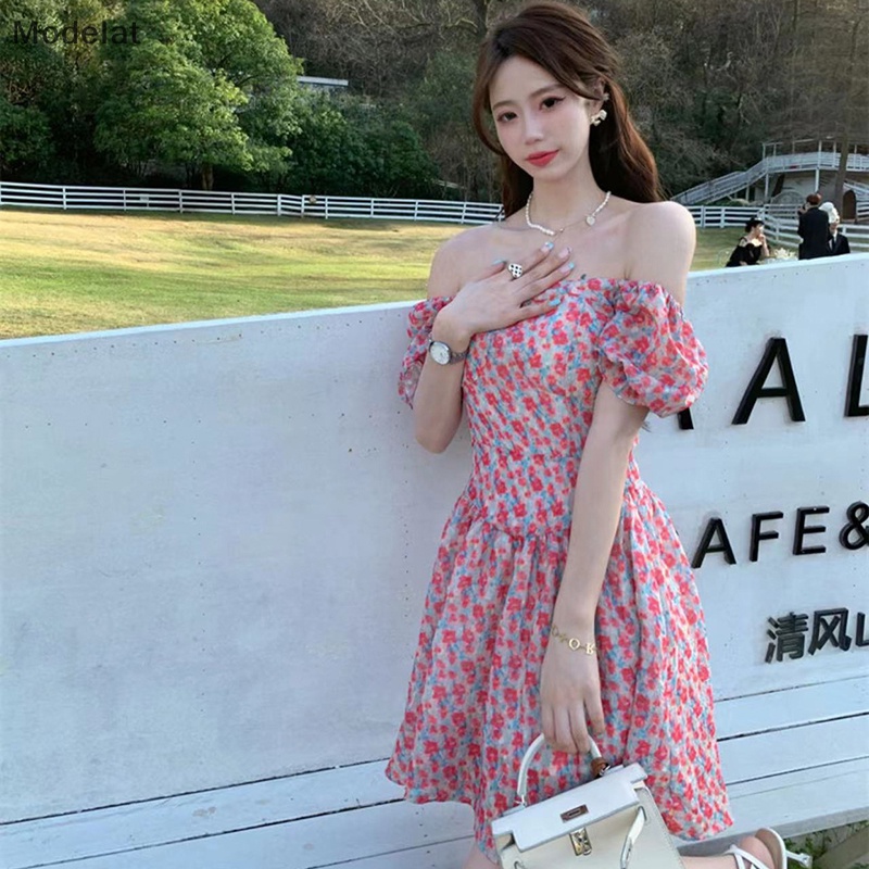 Đầm Chiffon Cổ Vuông Tay Phồng In Họa Tiết Hoa Thời Trang Mùa Hè Cho Nữ