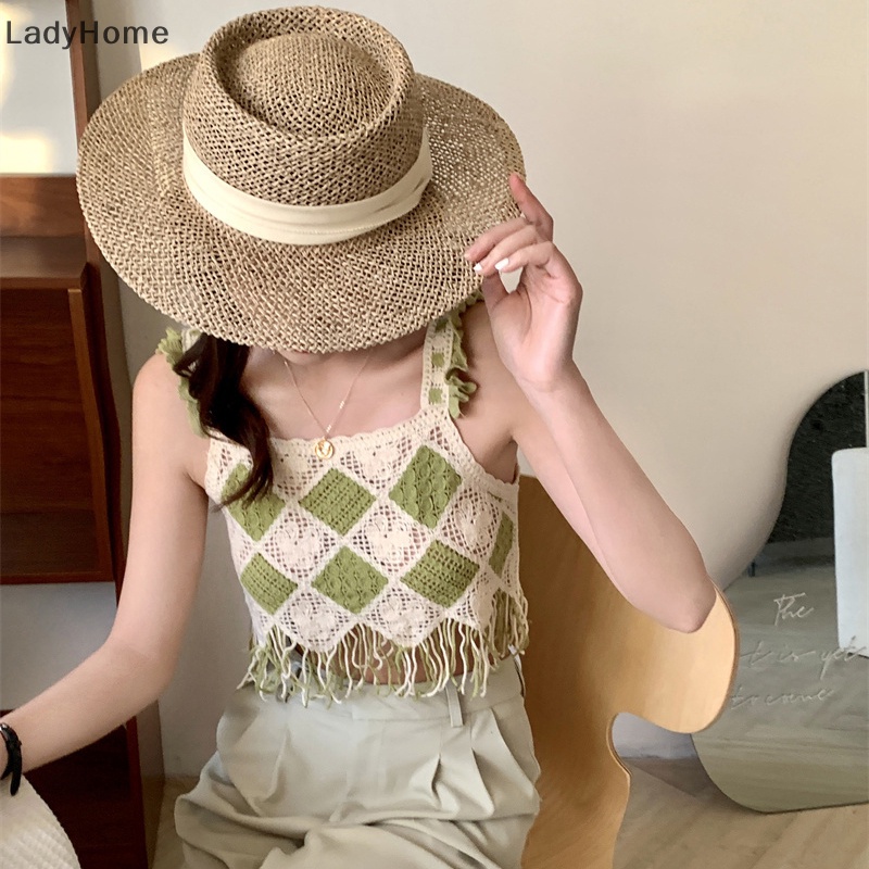 Áo Hai Dây Họa Tiết Caro Phối Tua Rua Phong Cách Vintage Thời Trang Mùa Hè Cho Nữ