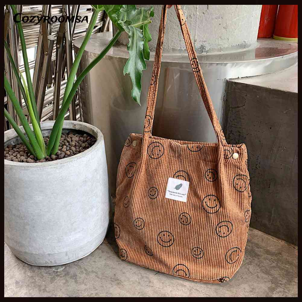 Túi Xách Tote Vải Nhung Kẻ Retro Hình Mặt Cười Dễ Thương Cho Nữ Sinh