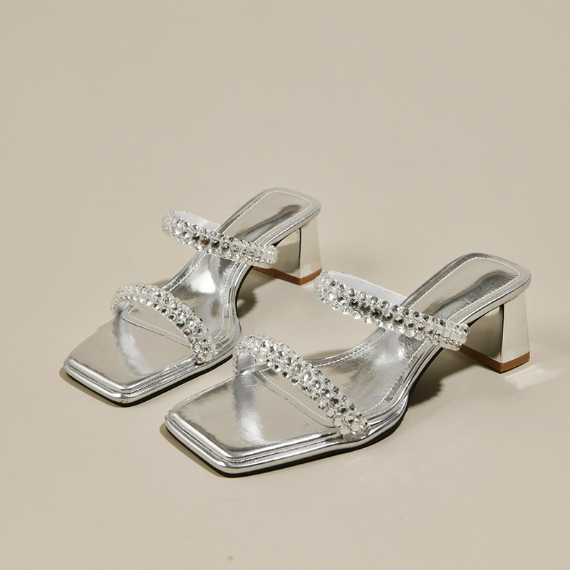 Duoya Tóc Thẳng ~ [Hàng Có Sẵn] Giày Cao Gót Sandal Hở Ngón Đế Dày Quai Đính Đá Rhinestone Dễ Phối Đồ Cho Nữ Miễn Phí Vận Chuyển