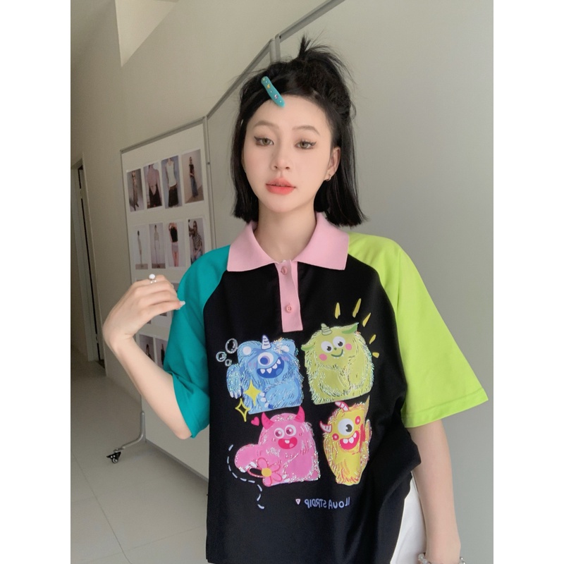 Áo polo Ngắn Tay Dáng Rộng In Họa Tiết Tương Phản Thời Trang Mùa Hè Mới