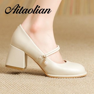 Giày cao gót 5cm da thật mũi vuông phong cách retro anh quốc cho nữ