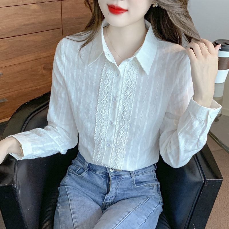 Áo Sơ Mi Cotton Nguyên Chất Phối Ren Thêu Họa Tiết Thời Trang Xuân Thu 2023 3QCZ