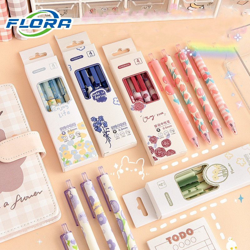 Set 4 Bút Mực Gel Ngòi 0.5mm Họa Tiết Hoa Tulip Dễ Thương