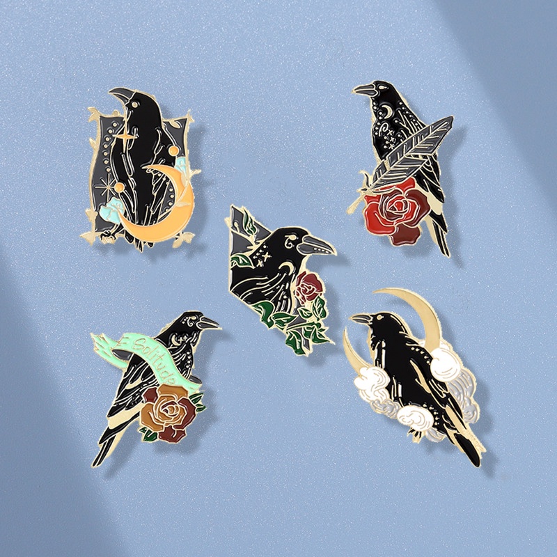 Ghim Cài Áo Tráng Men Cứng Hình Động Vật / Trăng Sao / Lông Vũ / Chim Quạ Màu Đen