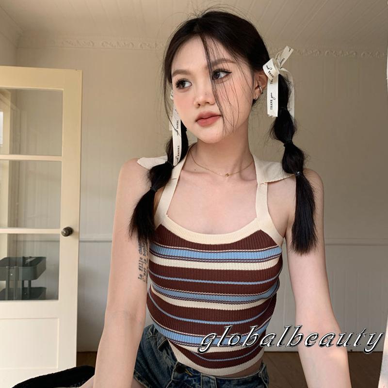 Áo Tank Top Dệt Kim Không Tay Họa Tiết Kẻ Sọc Đơn Giản Thời Trang Mùa Hè Dành Cho Nữ