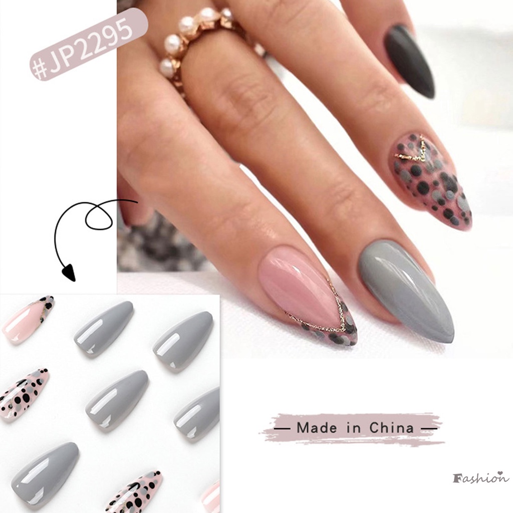 Móng Tay Giả Họa Tiết Chấm Bi Màu Xám Đen Mượt Mà Không Bong Tróc