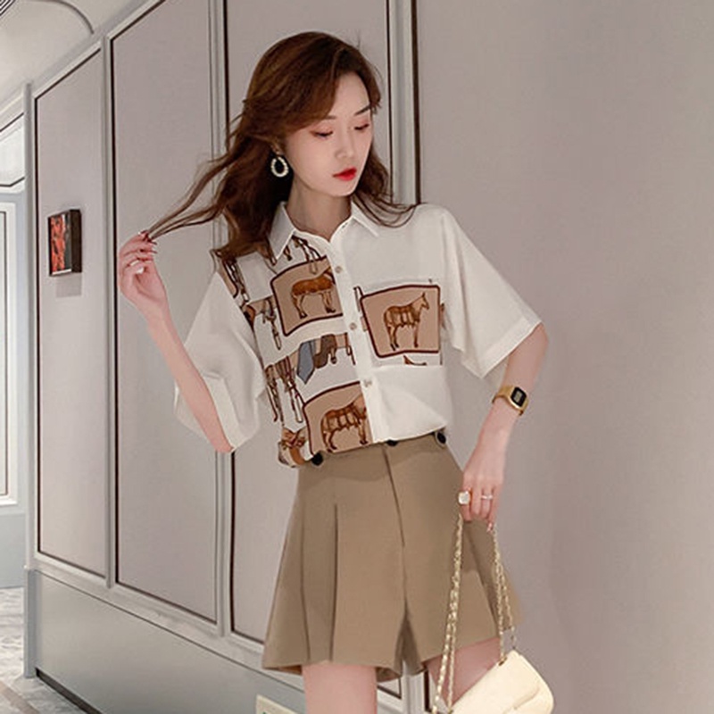 IELGY  Áo Sơ Mi Tay Ngắn In Họa Tiết Phong Cách Hong Kong Cổ Điển Thời Trang Cho Nữ