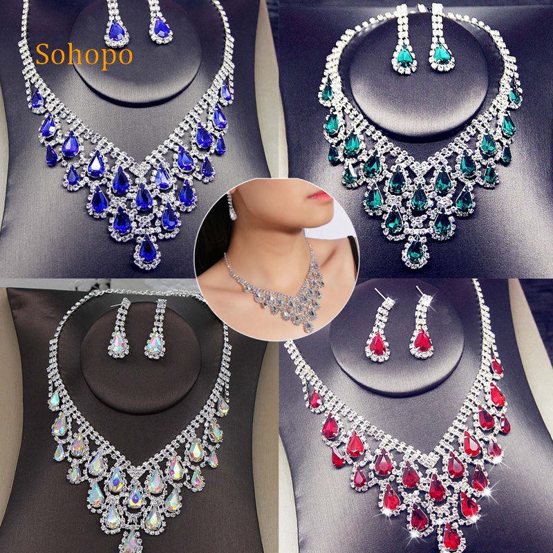 Sohopo Bộ Vòng cổ Và Bông Tai Đính Kim Cương Pha Lê Cao Cấp Dành Cho Cô Dâu Trong Tiệc Cưới
