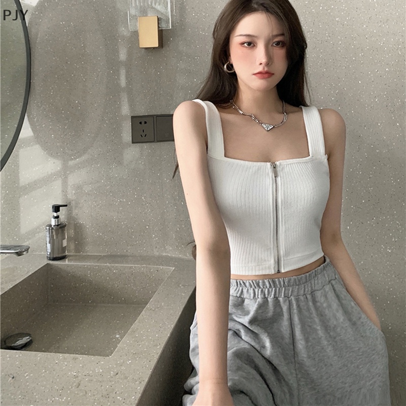 Áo Hai Dây Dệt Kim Màu Trơn Phối Khóa Kéo Quyến Rũ Cho Nữ