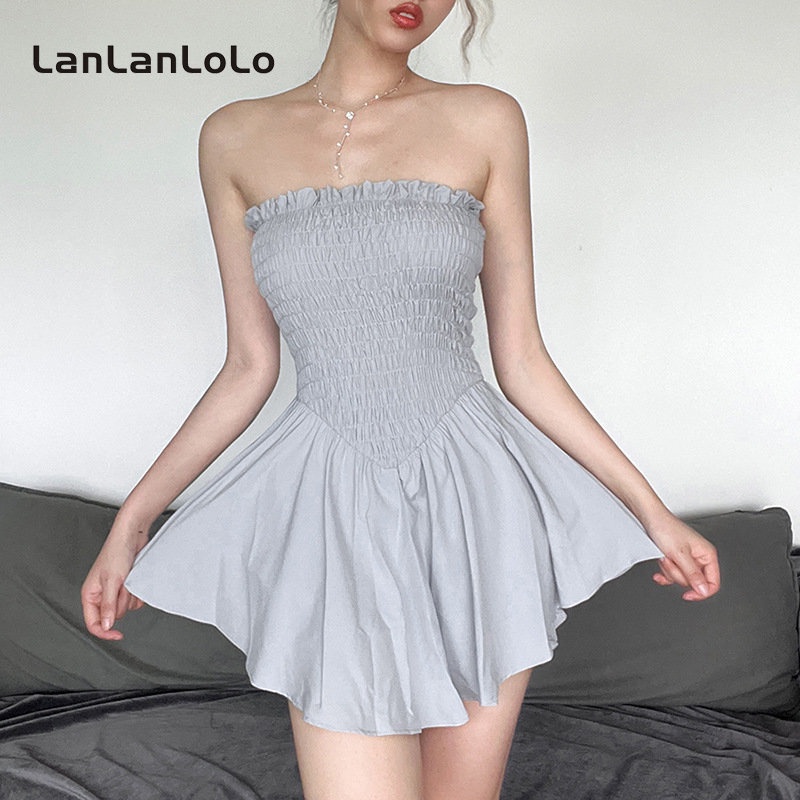 Đầm LanLanLoLo dáng ôm hở vai xếp ly màu trơn thời trang mùa hè 2023 cho nữ