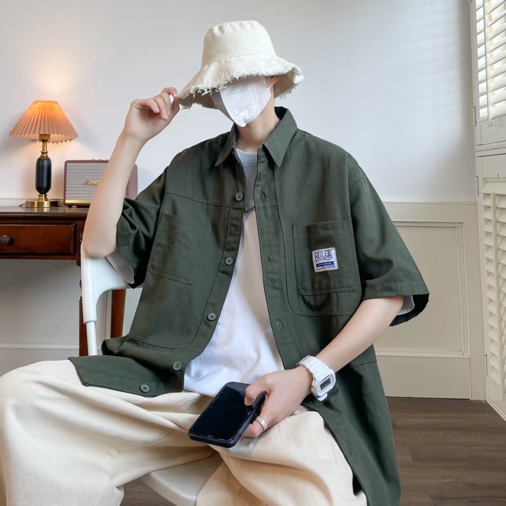 Áo Sơ Mi Cotton Tay Ngắn Dáng Rộng Phối Túi Phong Cách Vintage Cho Nam Giới Có Size M-8XL