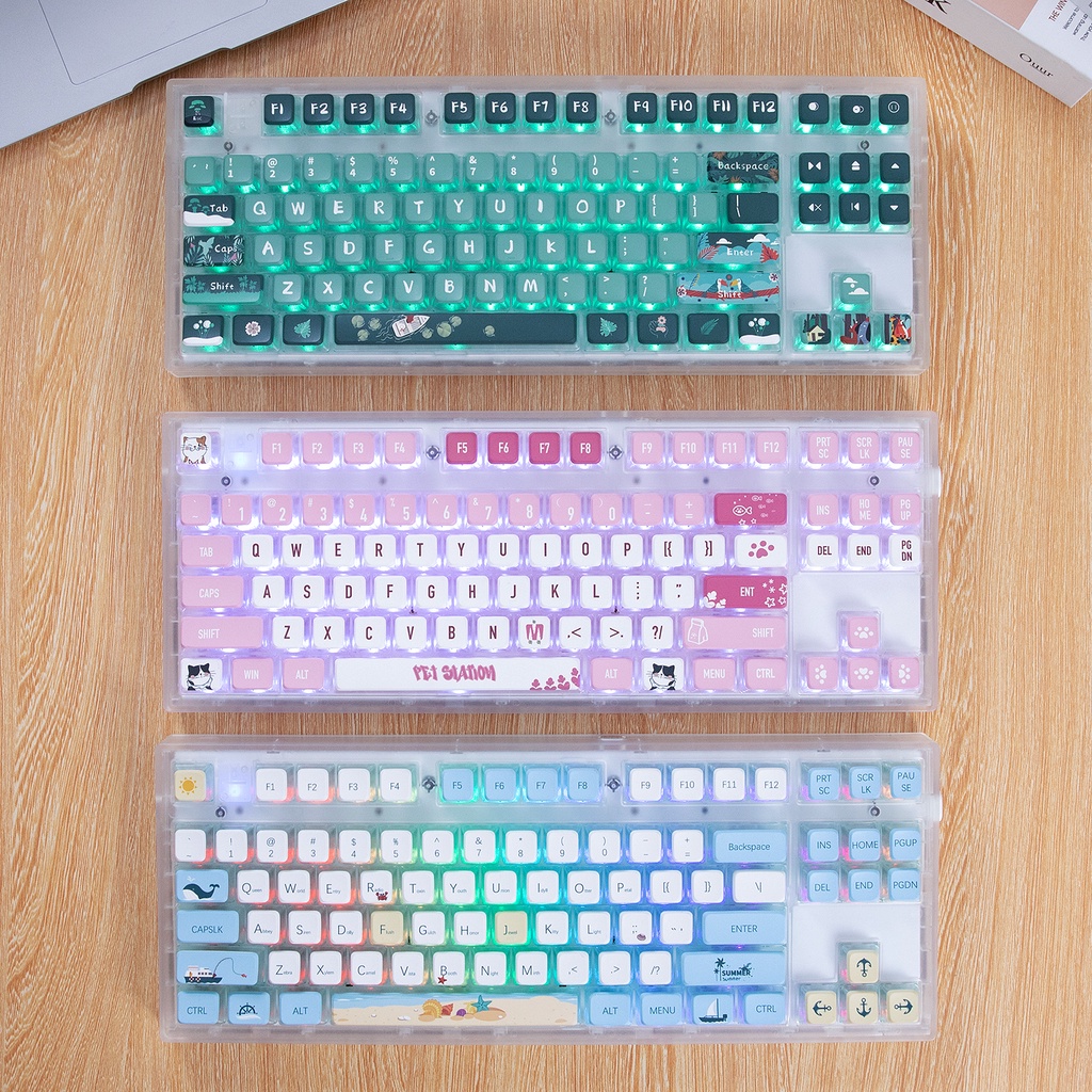 Set 118 Nút Bàn Phím Cơ Bằng Da PBT Trong Suốt In Hình Mèo Hồng Dễ Thương