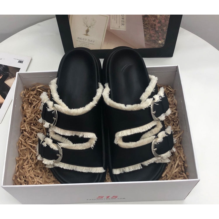 Duoya Tóc Thẳng ~ [Hàng Có Sẵn] Dép Da Mềm Phối Tua Rua Thời Trang Thường Ngày Miễn Phí Vận Chuyển