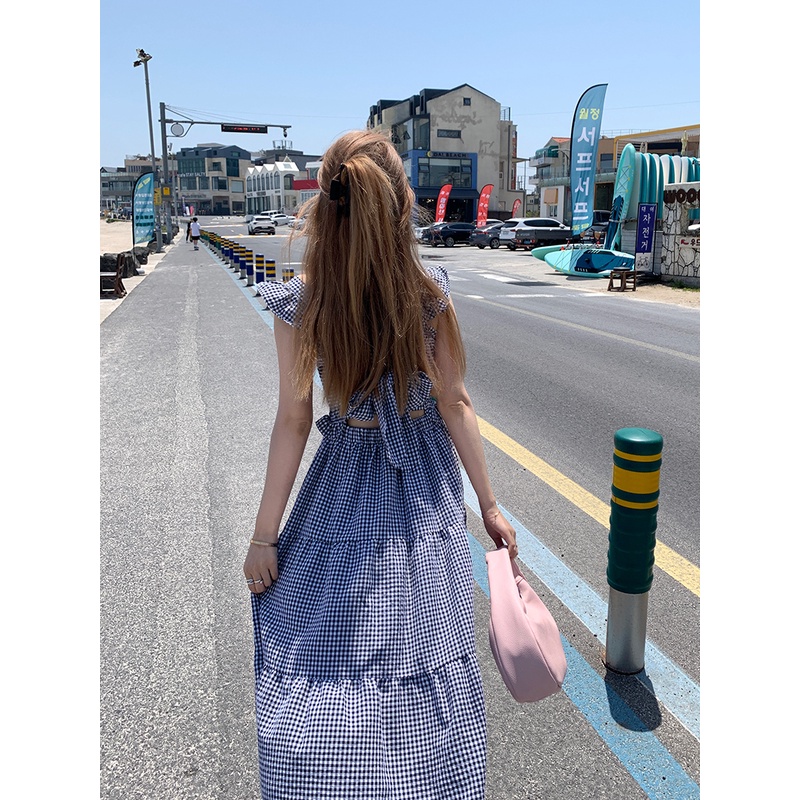 Đầm Hở Lưng Họa Tiết Caro Đính Nơ Phong Cách Hàn Quốc Thời Trang Mùa Hè Cho Nữ