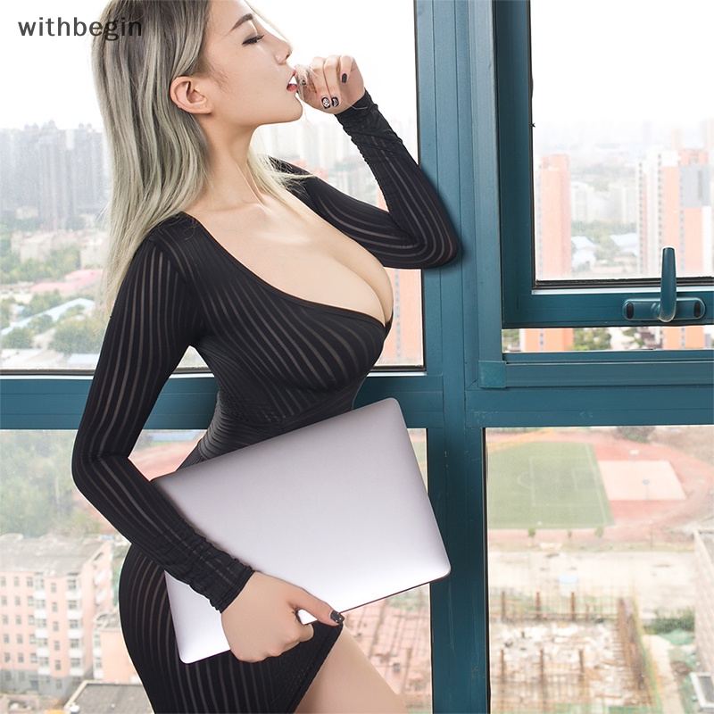 Đầm Ống Mini Ôm Dáng Xuyên Thấu Họa Tiết Kẻ Sọc Gợi Cảm Cho Nữ