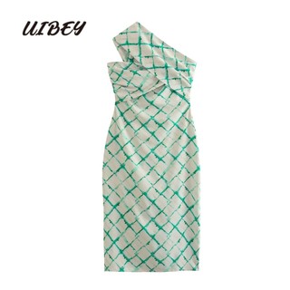 Uibey Đầm In Họa Tiết Kẻ Ô Thiết Kế Lệch Tà Độc Đáo Thời Trang 4296