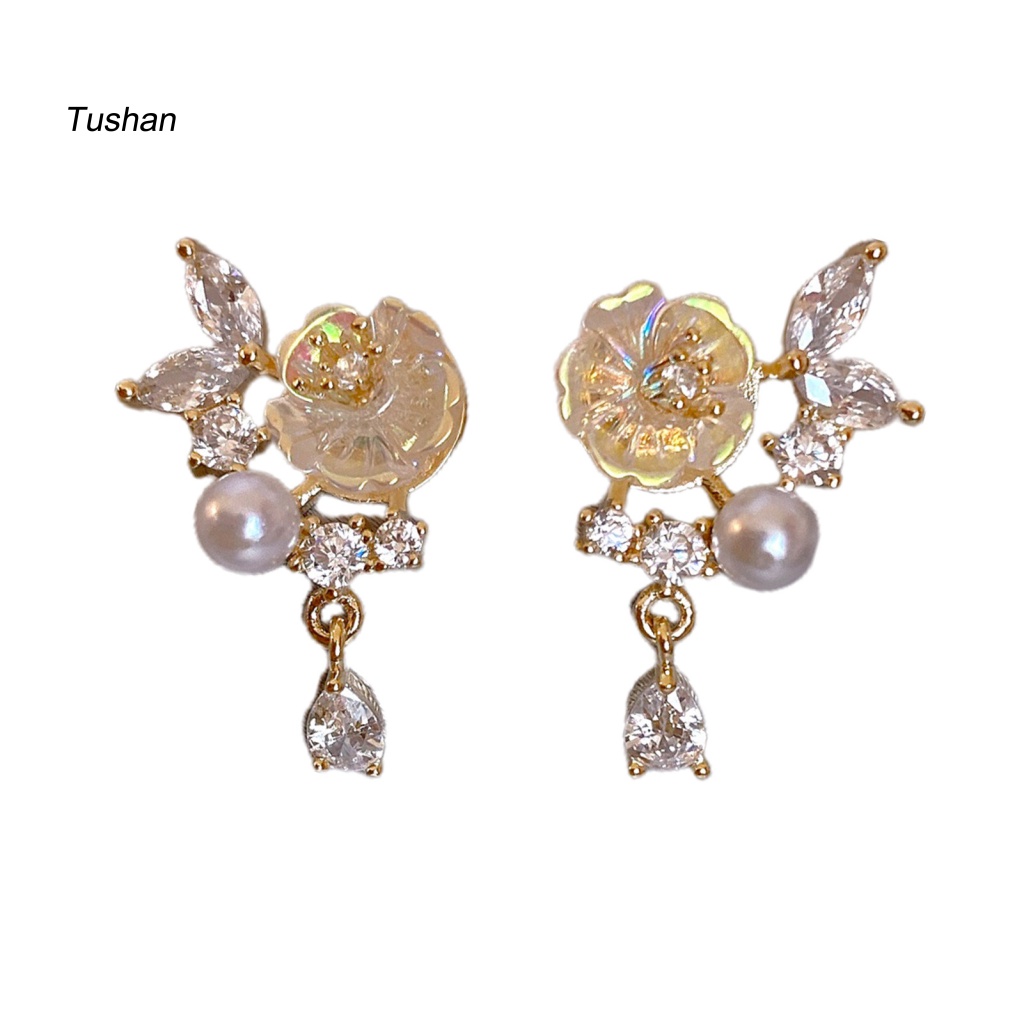 1 Đôi Bông Tai Hình Hoa Đính Ngọc Trai Giả Thời Trang