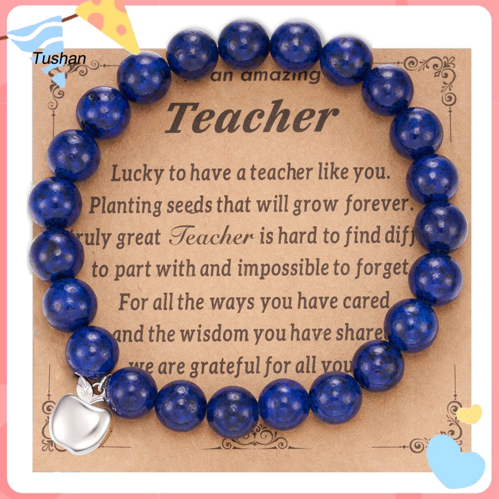 [Ts] Vòng Tay Chuỗi Hạt Đá Tự Nhiên Có Thẻ Chữ Thank You Màu Bạc Mặt Trái Cây Làm Quà Tặng Ngày Nhà Giáo Cho Nữ