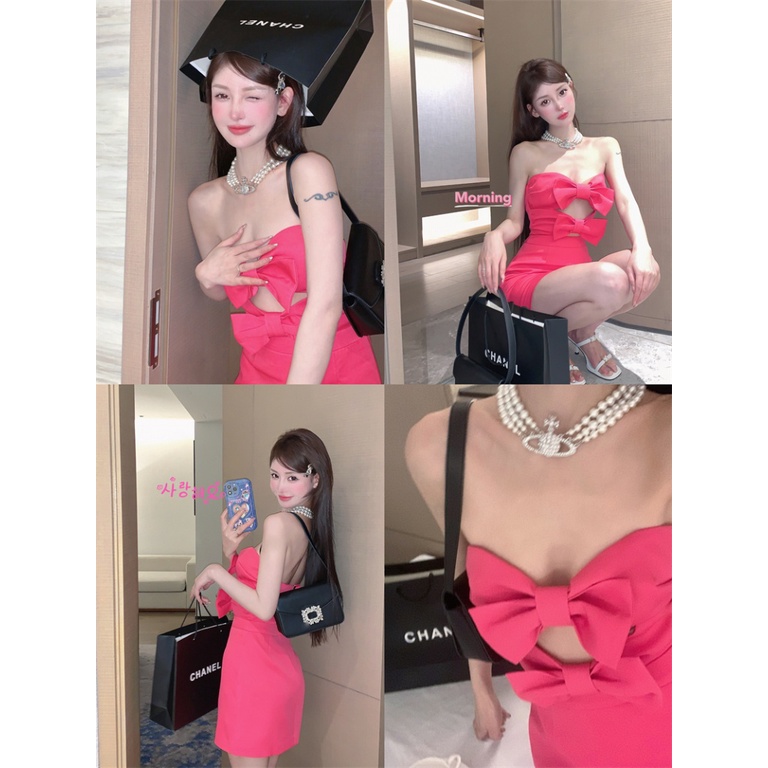 ~ Eros Comes Rose Bộ Áo Liền Quần Hai Dây Eo Hẹp Đính Nơ Công Nghiệp Nặng Màu Đỏ Hồng