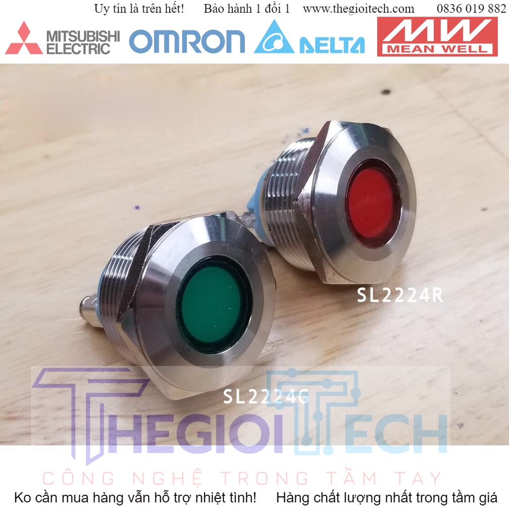 Đèn LED báo nguồn, báo tín hiệu vỏ kim loại, phi 22mm, điện áp 24V - Xanh lá
