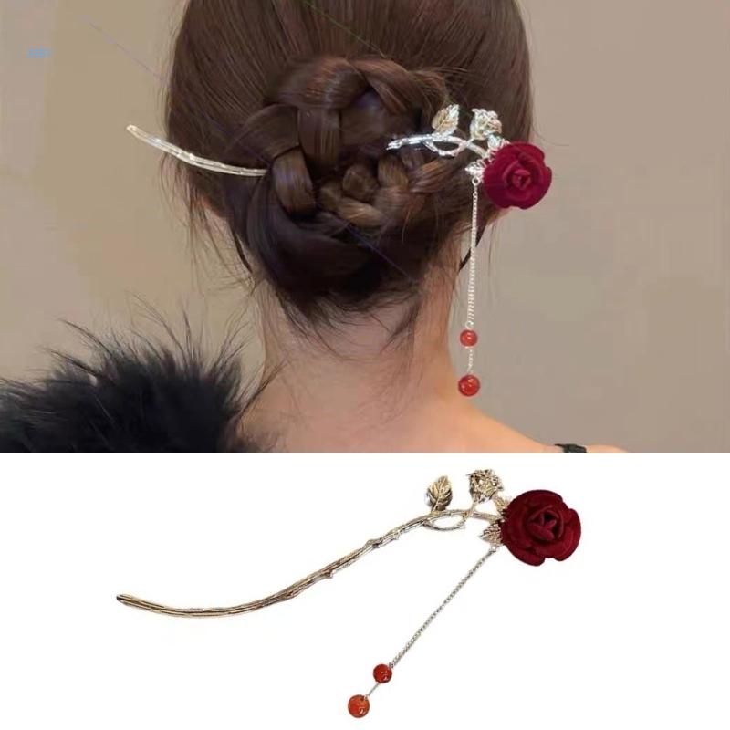Trâm Cài Tóc Hình Hoa Hồng Phối Tua Rua Thời Trang Cho Nữ