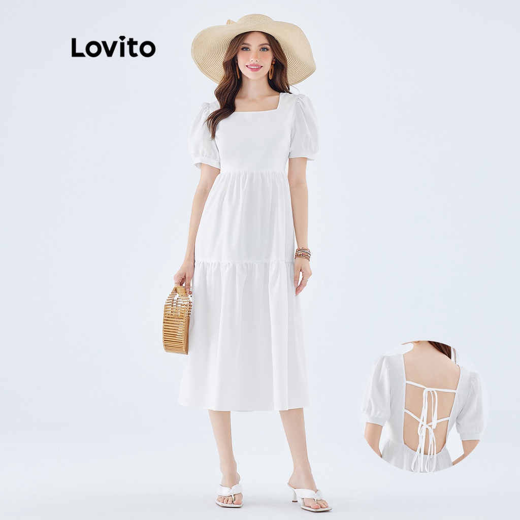 Đầm midi Lovito dáng chữ A tay ngắn thắt nơ sau lưng màu trơn phong cách boho cho nữ L49ED105 (màu trắng)