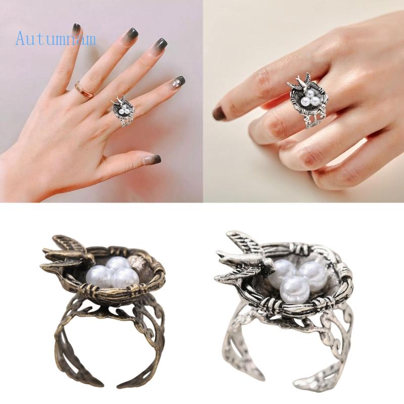 Nhẫn Hình Tổ Chim Bằng Kim Loại Đính Ngọc Trai Phong Cách Hip Hop Punk