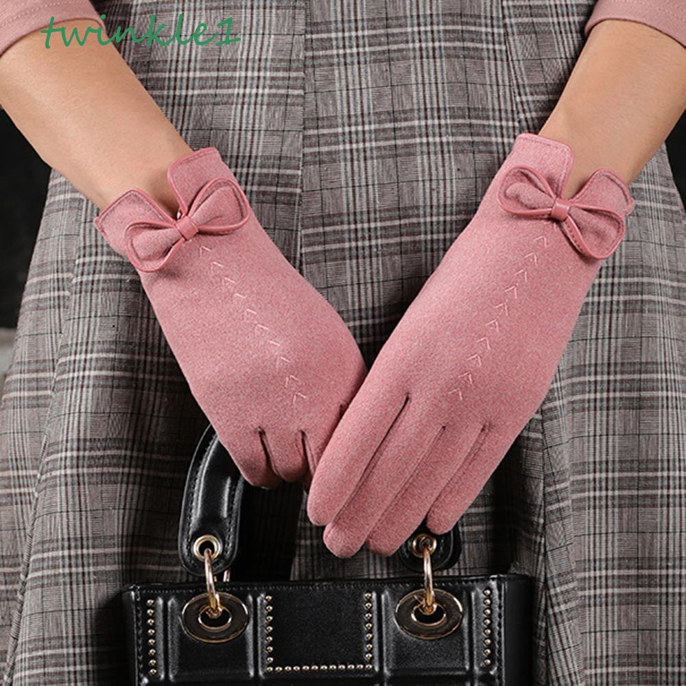 Găng Tay Da Lộn Chống Gió Hở Ngón Đính Nơ Toàn Diện Cho Nữ