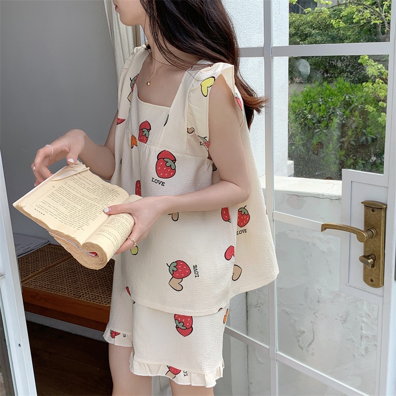 Đồ ngủ Phối Ren Họa Tiết Dâu Tây Đơn Giản Phong Cách Hàn Quốc Thời Trang Mùa Hè Hàng Mới Dành Cho Bạn Nữ