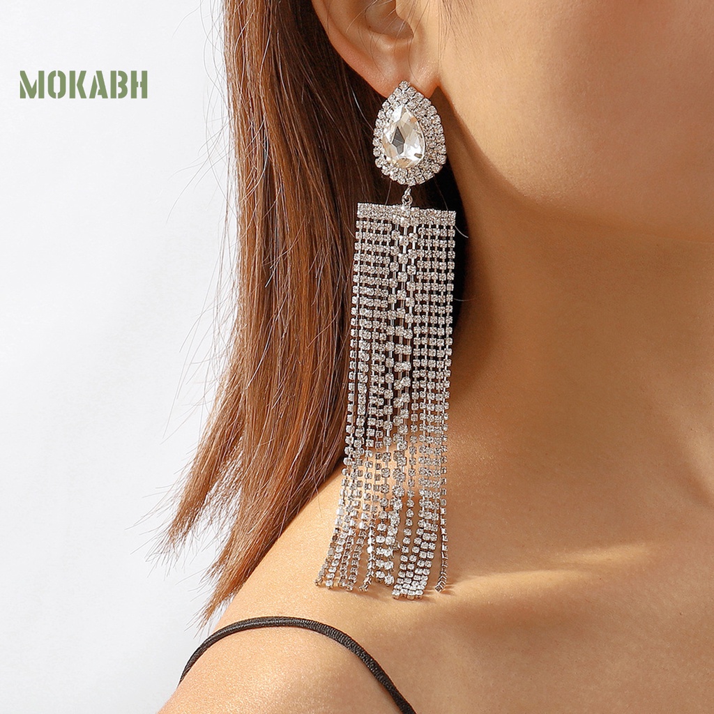 1 Đôi Bông Tai Dáng Dài Hình Giọt Nước Đính Pha Lê Thời Trang