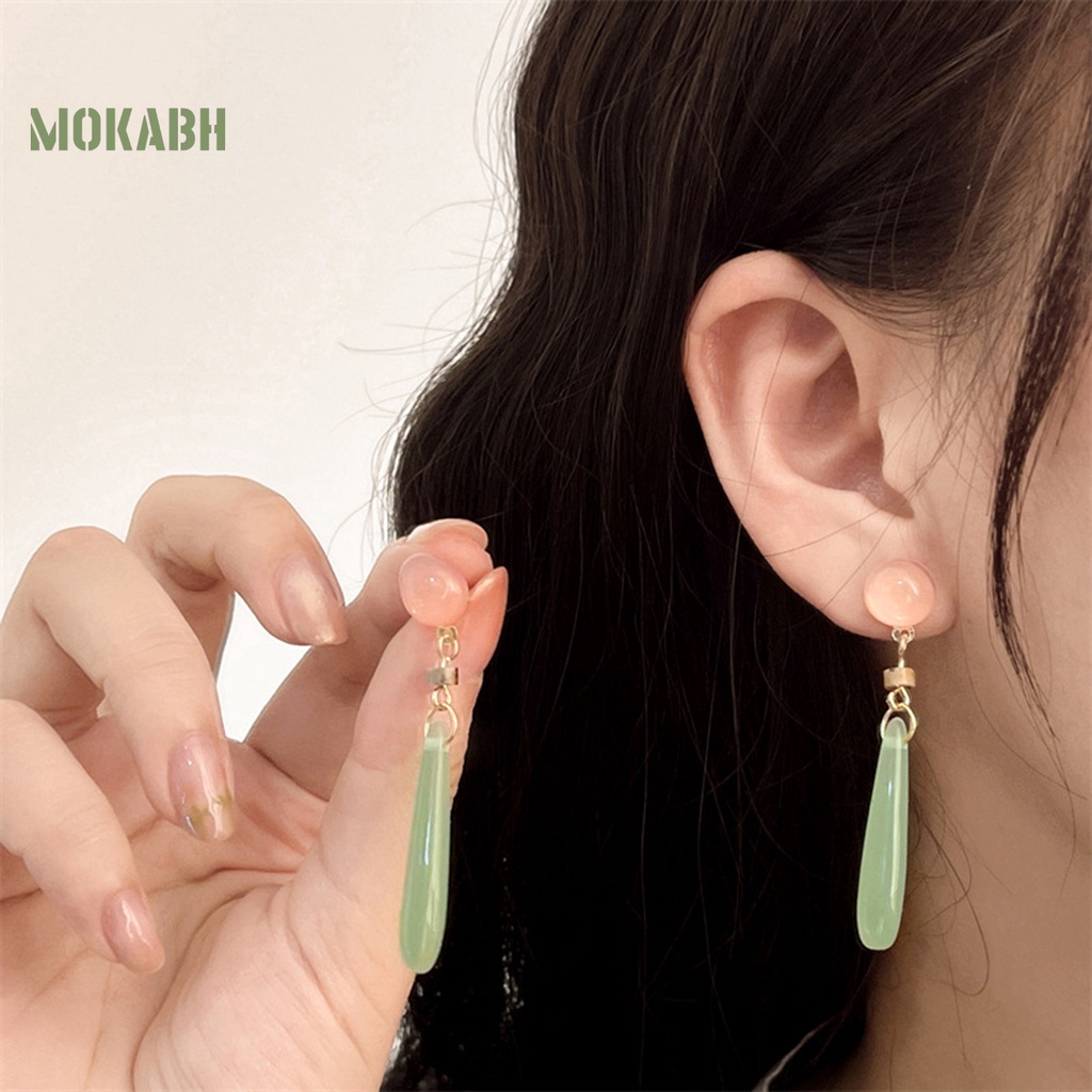 1 Đôi Bông Tai Xỏ Hạt Ngọc Bích Giả Phong Cách Trung Hoa