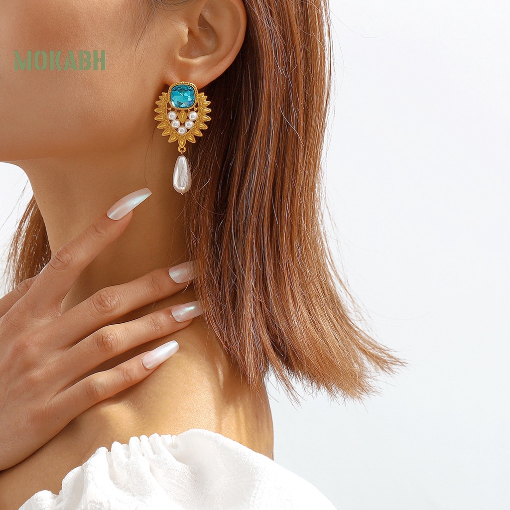 1 Đôi Bông Tai Đính Đá Ngọc Trai Nhân Tạo Màu Xanh Dương Phong Cách Thời Trung Cổ Thời Trang