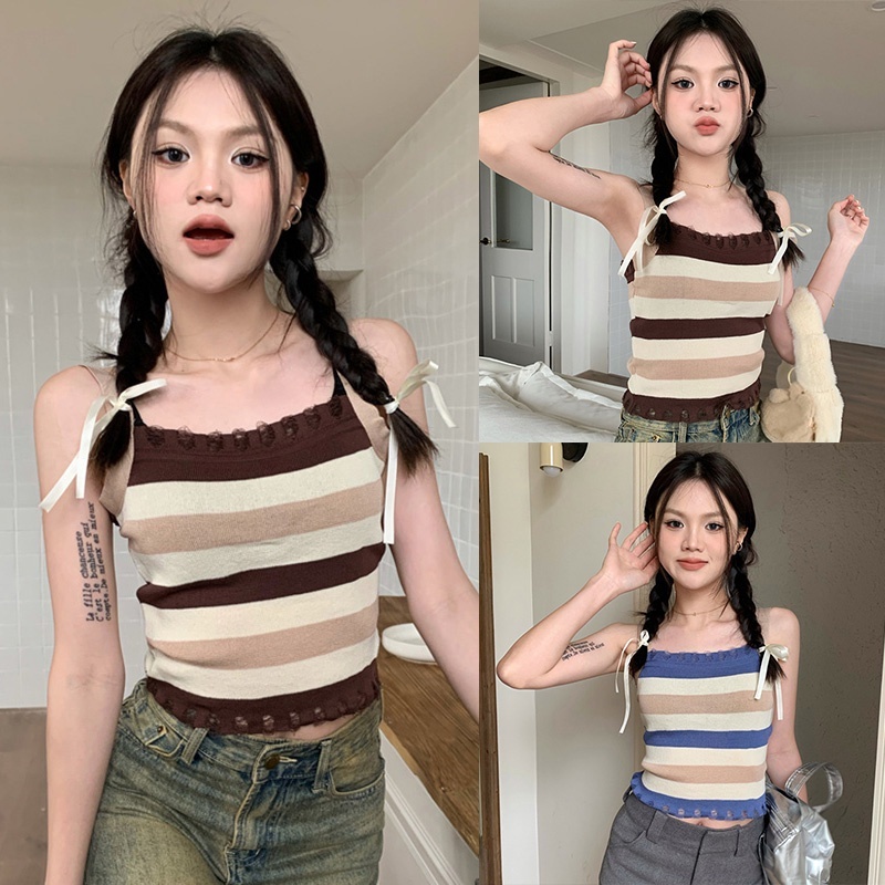 Áo Hai Dây Dệt Kim Họa Tiết Kẻ Sọc Thời Trang Mùa Hè Cho Nữ