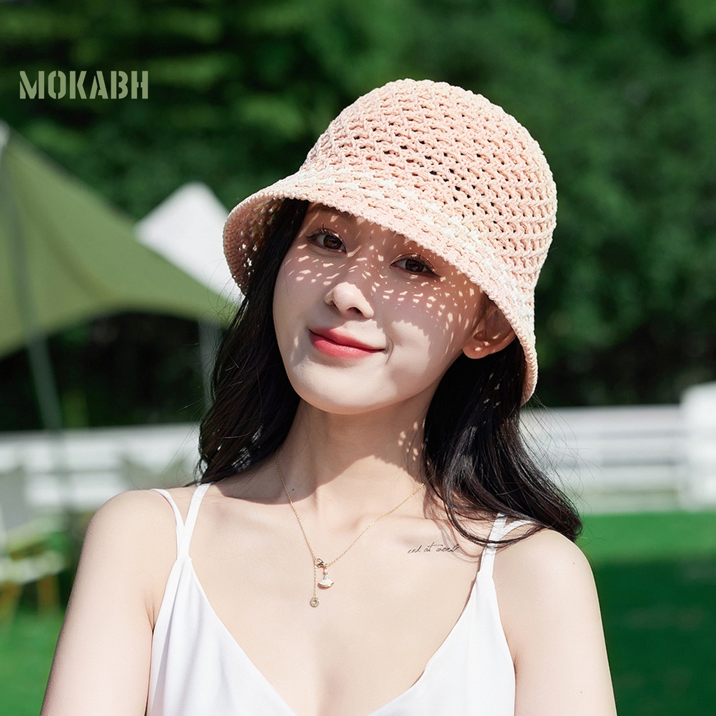[Mok Abh] Mũ Dệt Kim Kiểu Chắp Vá Lỗ Rỗng Họa Tiết Kẻ Sọc Thời Trang Đi Biển Mùa Hè Cho Nữ