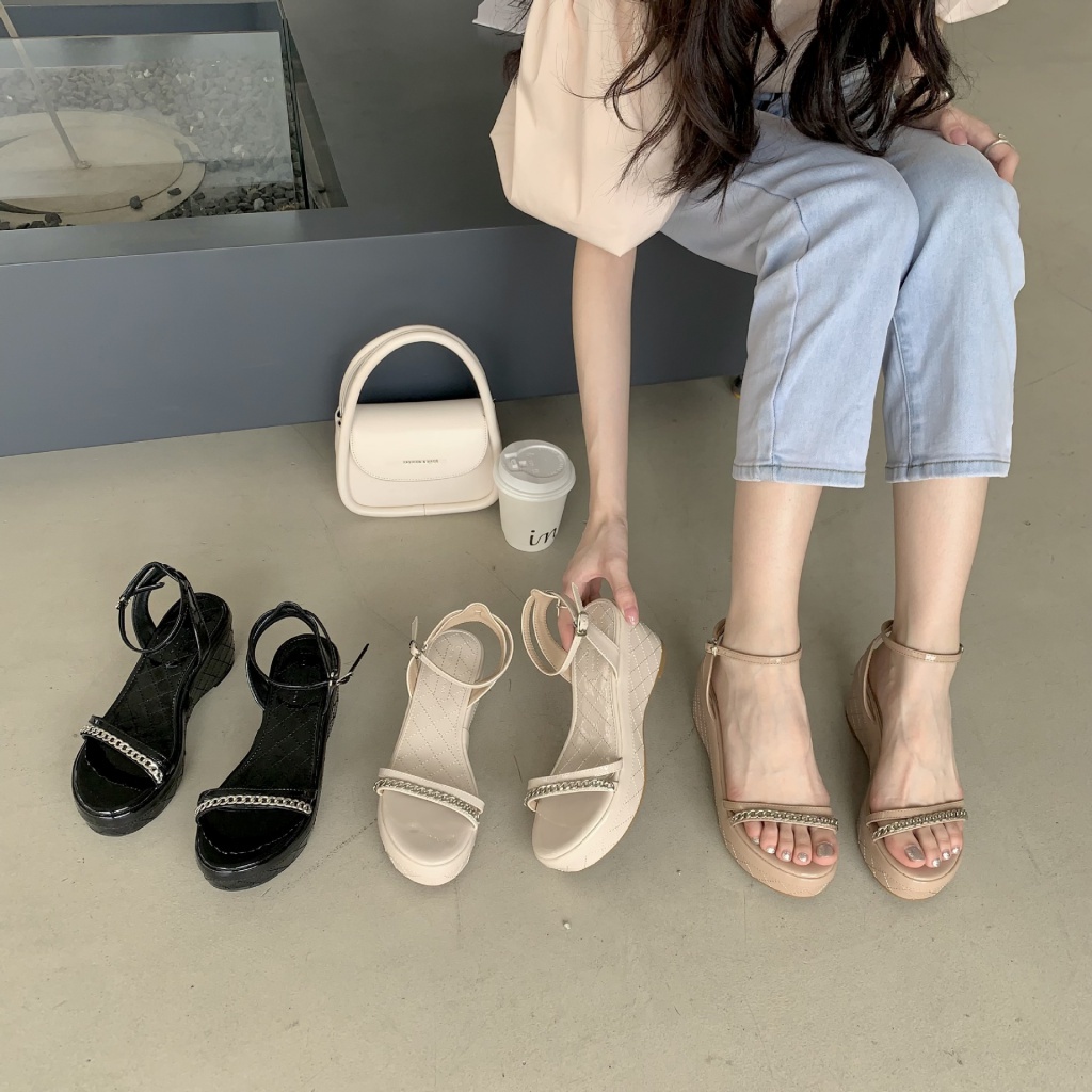 Giày Sandal Cao Gót Hở Ngón Đế Xuồng Dày Quai Xích Thời Trang Mùa Hè Hàn Quốc 2023 Cho Nữ