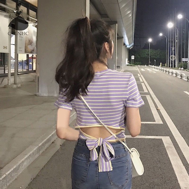 Áo Thun Ngắn Tay Cổ Tròn Hở Lưng Cột Dây Họa Tiết Kẻ Sọc Thời Trang Mùa Hè Cho Nữ