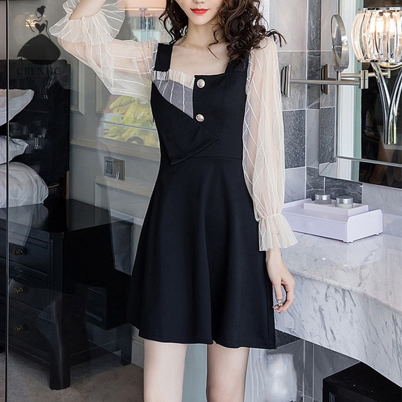 Đầm Tay Dài Cổ Vuông Dáng Ôm Phối Lưới Thời Trang Sang Trọng Cho Nữ