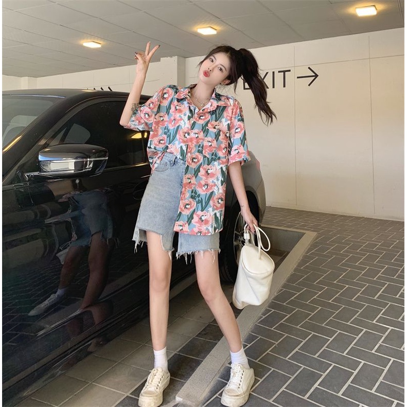 Cozok Áo Sơ Mi Ngắn Tay Dáng Rộng In Hoa Giản Dị Thời Trang