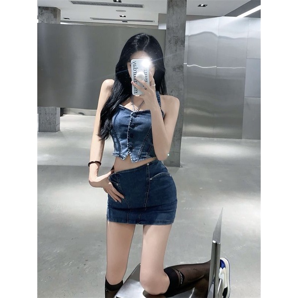 Bộ Áo Hai Dây Phối Chân Váy Denim Chữ a Lưng Cao Thời Trang Mùa Hè Cho Bạn Gái